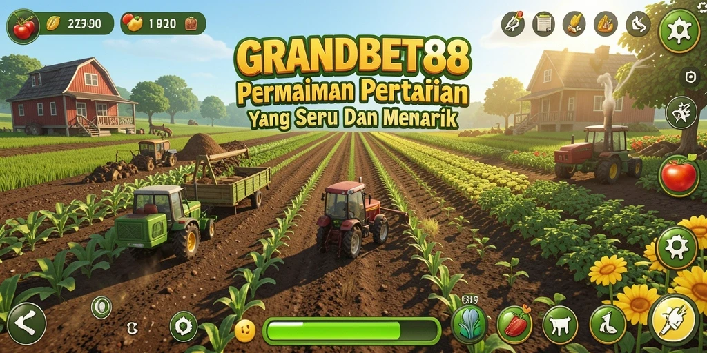 Tampilan utama gameplay <strong>GRANDBET88</strong> menunjukkan ladang yang subur dengan berbagai tanaman.