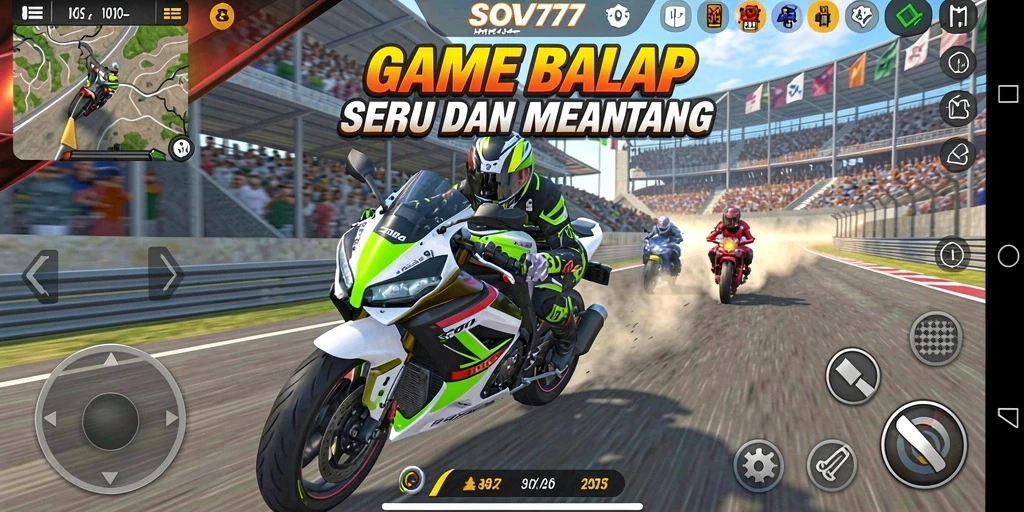 Screenshot gameplay SOV777 menampilkan balapan motor yang seru dan cepat.