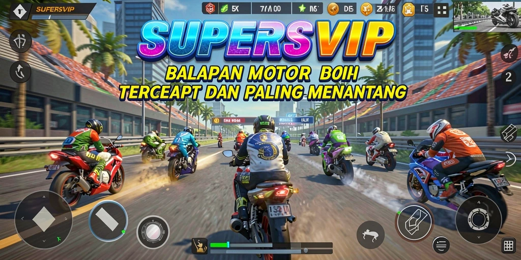 Screenshot gameplay SUPERSVIP menampilkan balapan motor yang mendebarkan.