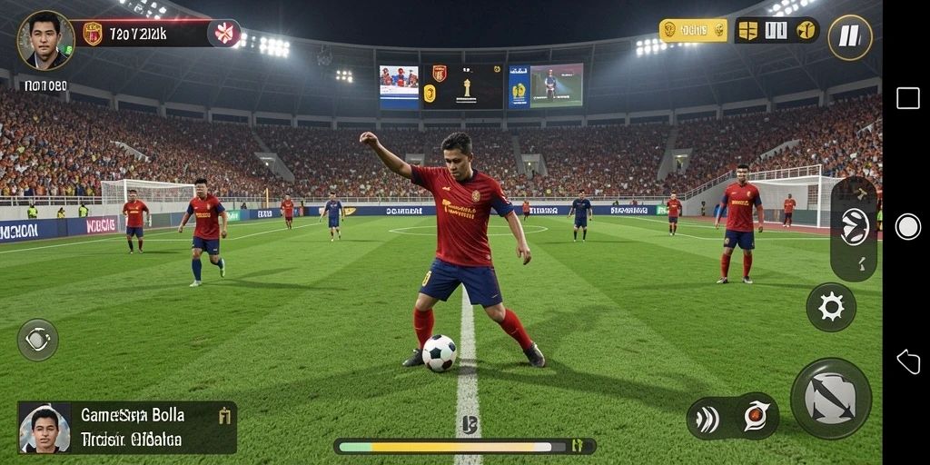 Screenshot game V21 menampilkan aksi seru di lapangan sepak bola.