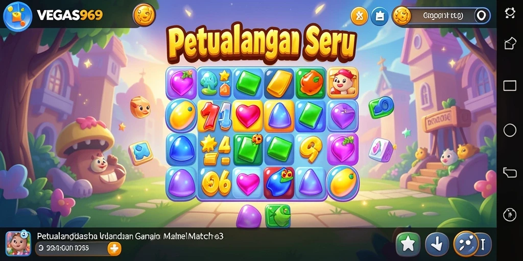 Screenshot permainan VEGAS969 menampilkan aksi match-3 seru yang penuh warna.